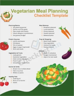 vegetarian meal planning checklist cover page with colorful vegetables and fruits illustration