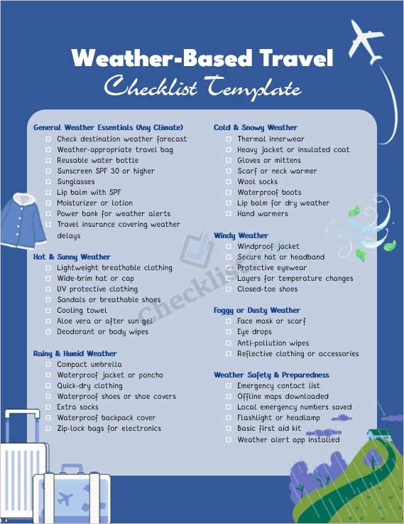 Weather based travel checklist cover page for trip planning and packing