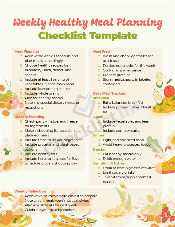 Preview of weekly healthy meal planning checklist showing breakfast lunch dinner and snack sections with checkboxes