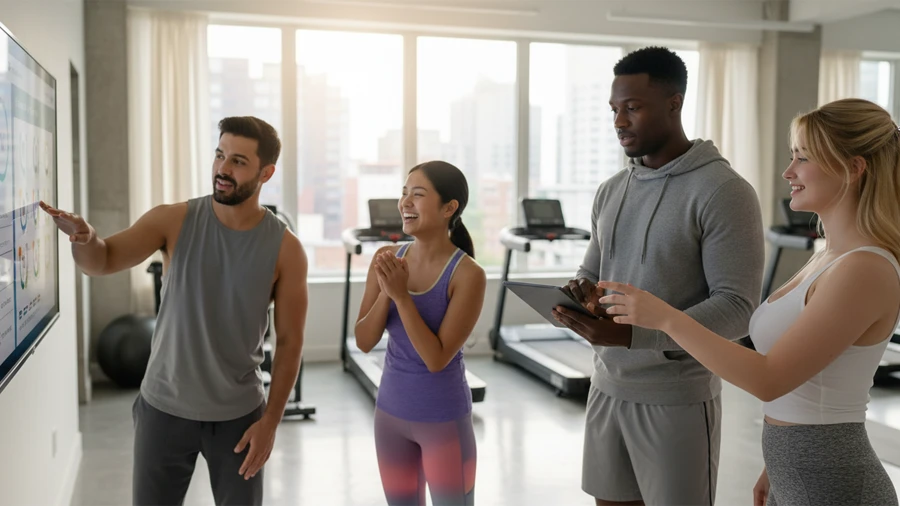 Group of people using workout checklists together in a gym environment