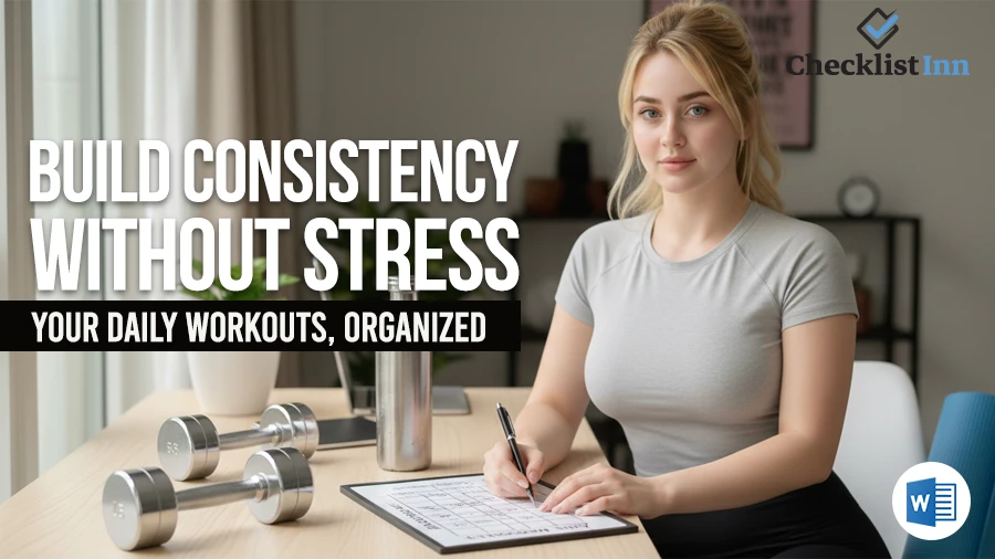 Woman planning her workout routine using a checklist and fitness gear