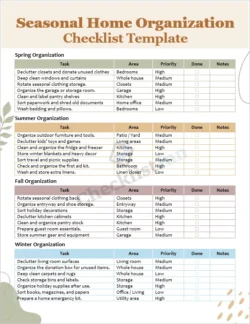 Seasonal home organization checklist cover page with clean layout and seasonal sections for spring summer fall and winter tasks