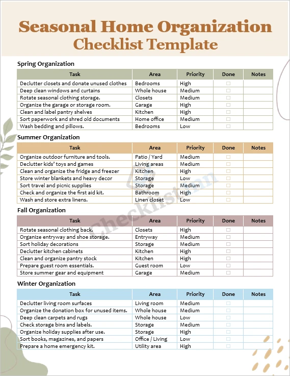 Seasonal home organization checklist cover page with clean layout and seasonal sections for spring summer fall and winter tasks