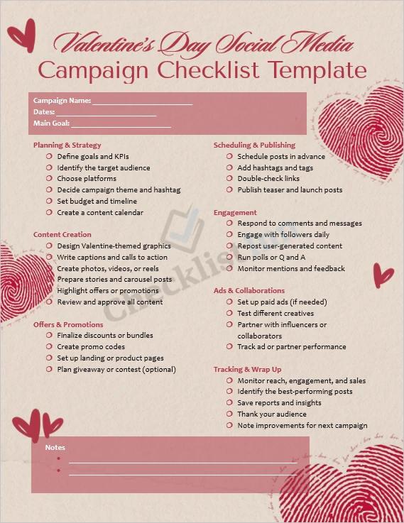 Valentines Day social media campaign checklist template cover page with organized planning sections